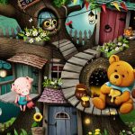 Bright fairytale illustration based on tale of Winnie Pooh and